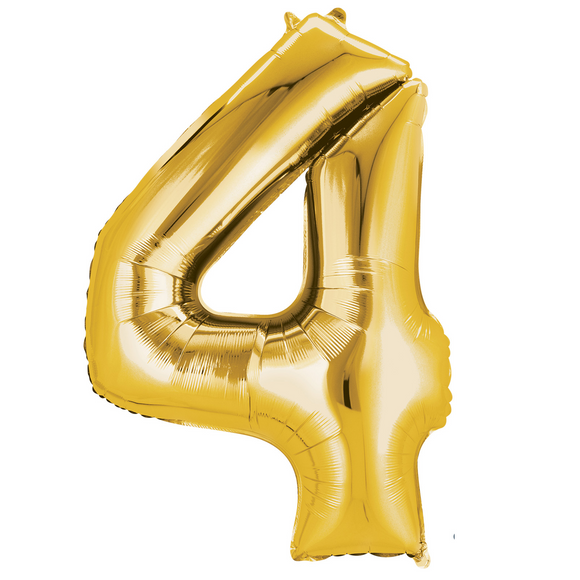 COLLECTION ONLY - Large Gold Number 4 Super Shape Foil Balloon Filled with Helium & Dressed with Ribbon & Weight