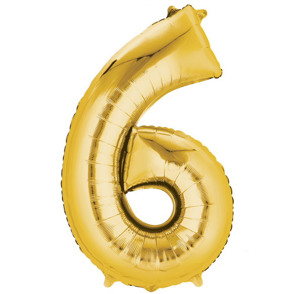 COLLECTION ONLY - Large Gold Number 6 Super Shape Foil Balloon Filled with Helium & Dressed with Ribbon & Weight