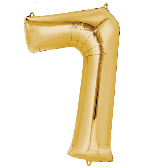 COLLECTION ONLY - Large Gold Number 7 Super Shape Foil Balloon Filled with Helium & Dressed with Ribbon & Weight