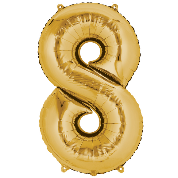 COLLECTION ONLY - Large Gold Number 8 Super Shape Foil Balloon Filled with Helium & Dressed with Ribbon & Weight