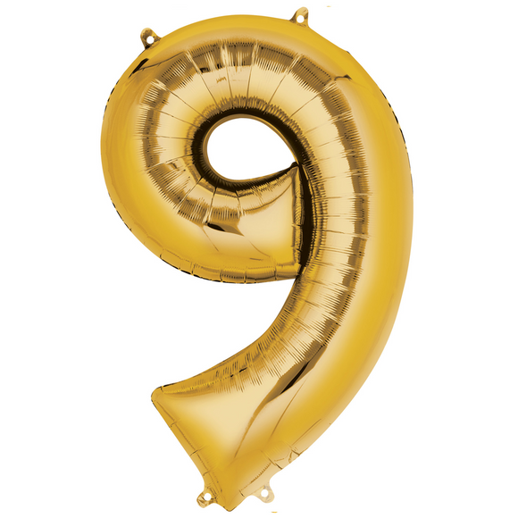 COLLECTION ONLY - Large Gold Number 9 Super Shape Foil Balloon Filled with Helium & Dressed with Ribbon & Weight