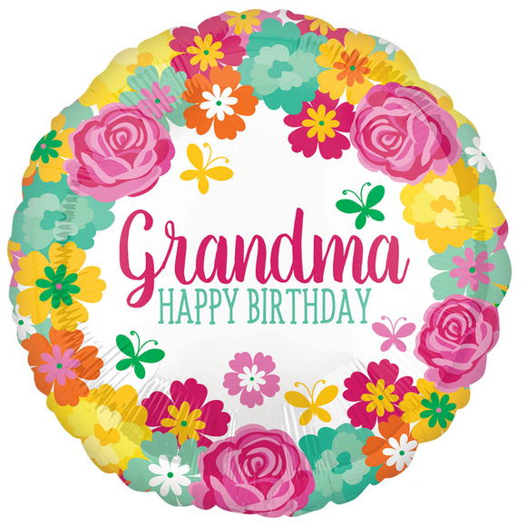 COLLECTION ONLY - 1 Grandma Happy Birthday Standard Foil Balloon Filled with Helium & Dressed with Ribbon & Weight