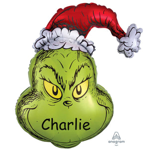 COLLECTION ONLY -  Grinch 29" Super Shape Foil Balloon Filled with Helium, Personalised with a Name, Dressed with Ribbon & Weight