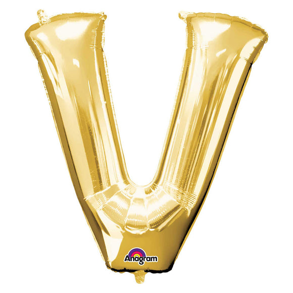 COLLECTION ONLY - Gold Letter V Filled with Helium & Dressed with Ribbon & Weight