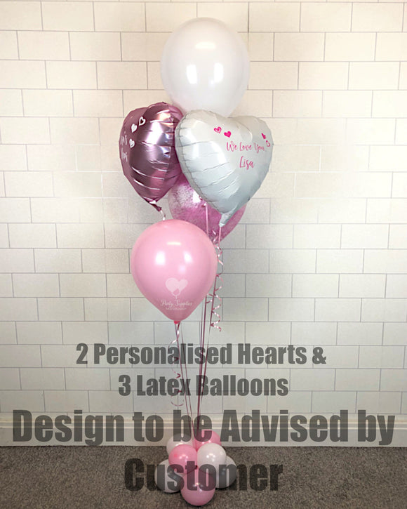 COLLECTION ONLY - DESIGN TO BE ADVISED BY CUSTOMER 2 Personalised Hearts & 3 Latex Balloons dressed with Ribbon & Balloon Base