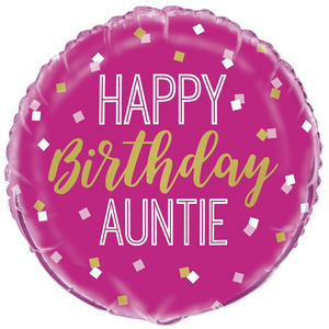 COLLECTION ONLY - 1 Happy Birthday Auntie Standard Foil Balloon Filled with Helium & Dressed with Ribbon & Weight