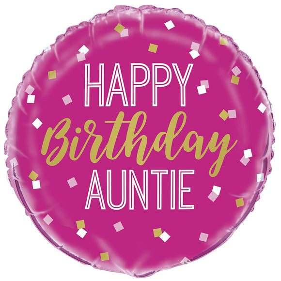 COLLECTION ONLY - 1 Happy Birthday Auntie Standard Foil Balloon Filled with Helium & Dressed with Ribbon & Weight