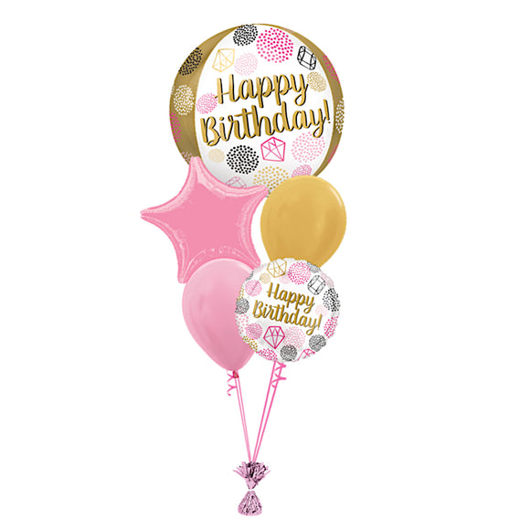 COLLECTION ONLY -  Gems Happy Birthday Bubble 5 Balloon Bouquet Filled with Helium & Dressed with Ribbon & Weight