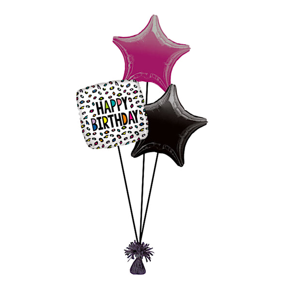 COLLECTION ONLY - Leopard Happy Birthday 3 Foil Balloon Bouquet Filled with Helium & Dressed with Ribbon & Weight