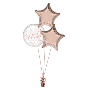 COLLECTION ONLY - Happy Birthday Rose Gold 3 Foil Balloon Bouquet Filled with Helium & Dressed with Ribbon & Weight
