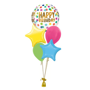 COLLECTION ONLY -  Spots Happy Birthday Orbz 5 Balloon Bouquet Filled with Helium & Dressed with Ribbon & Weight