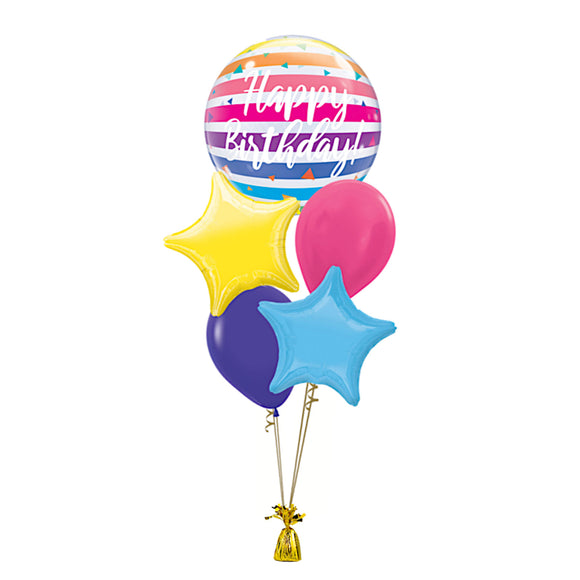 COLLECTION ONLY -  Rainbow Stripes Happy Birthday Bubble 5 Balloon Bouquet Filled with Helium & Dressed with Ribbon & Weight