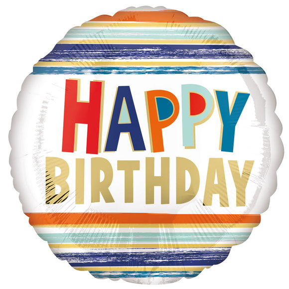 COLLECTION ONLY - 1 Happy Birthday Stripes Standard Foil Balloon Filled with Helium & Dressed with Ribbon & Weight
