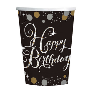 Happy Birthday Black & Gold Paper Cup (8/Pk)