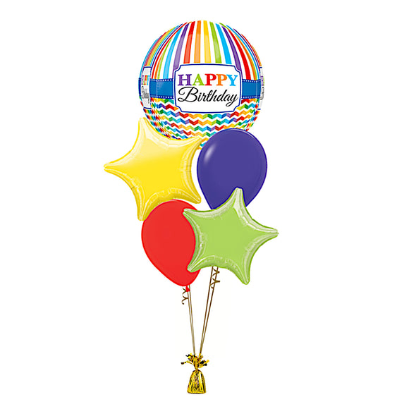 COLLECTION ONLY -  Rainbow Chevron Happy Birthday Orbz 5 Balloon Bouquet Filled with Helium & Dressed with Ribbon & Weight