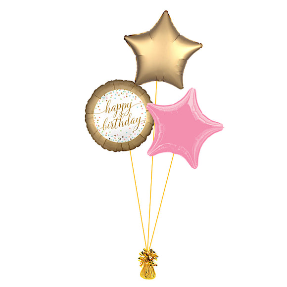 COLLECTION ONLY - Happy Birthday Confetti 3 Foil Balloon Bouquet Filled with Helium & Dressed with Ribbon & Weight