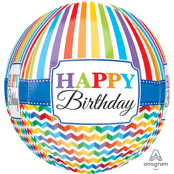 COLLECTION ONLY - 1 Happy Birthday Bright Stripe & Chevron Orbz Balloon Filled with Helium & Dressed with a Balloon Collar, Ribbon & Weight