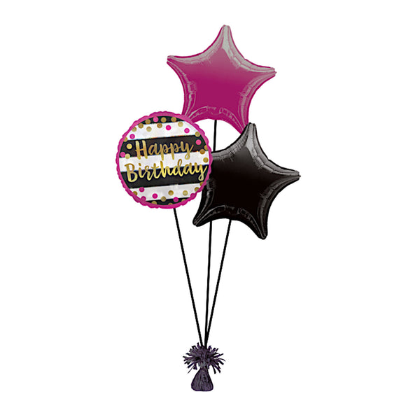 COLLECTION ONLY - Happy Birthday Stripe 3 Foil Balloon Bouquet Filled with Helium & Dressed with Ribbon & Weight