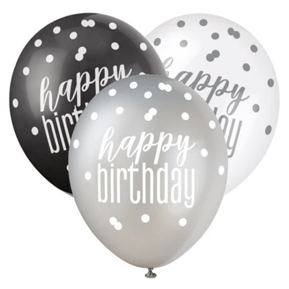 6 Black Glitz Happy Birthday Latex Balloons