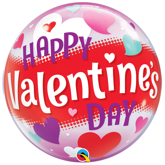 COLLECTION ONLY - Happy Valentine's Day Bubble Balloon Filled with Helium & Dressed with Ribbon & Weight