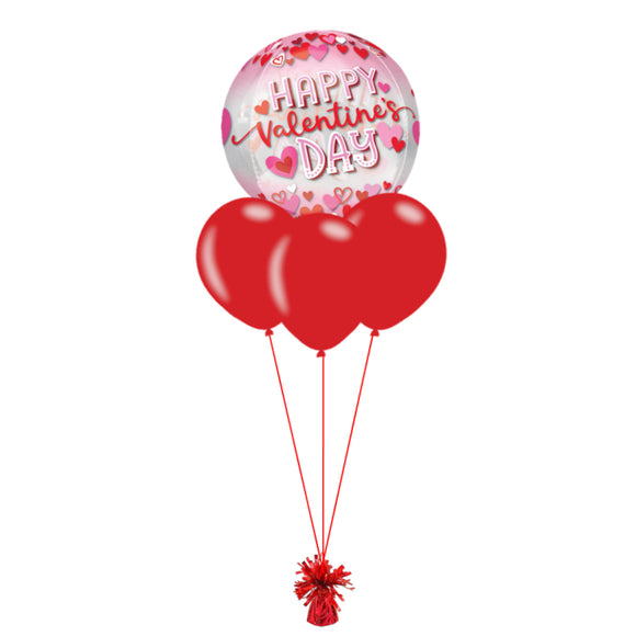 COLLECTION ONLY - Happy Valentines Day Orbz Balloon 4 Balloon Bouquet Filled with Helium & Dressed with Ribbon & Weight