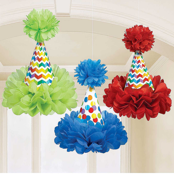 3 Bright Rainbow Hanging Fluffy Pom-Pom Hat Decorations