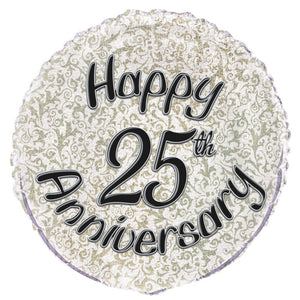 COLLECTION ONLY - 1 Happy 25th Anniversary Standard Foil Balloon Filled with Helium & Dressed with Ribbon & Weight