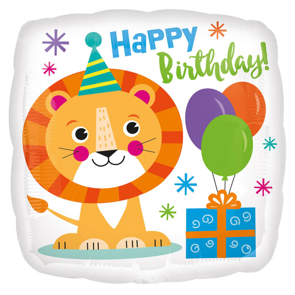 COLLECTION ONLY -  1 Happy Birthday Lion Standard Foil Balloon Filled with Helium & Dressed with Ribbon & Weight