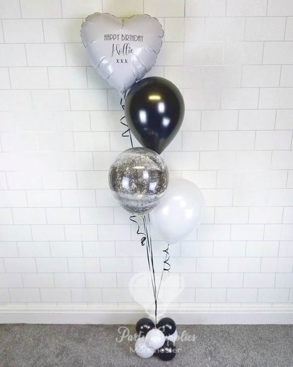 COLLECTION ONLY -  Black & White Heart Bouquet 3 Latex Balloons, 1 Personalised Heart & Balloon Base