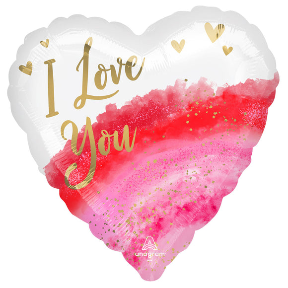 COLLECTION ONLY - Watercolour I Love You Standard Foil Balloon Filled with Helium & Dressed with Ribbon & Weight