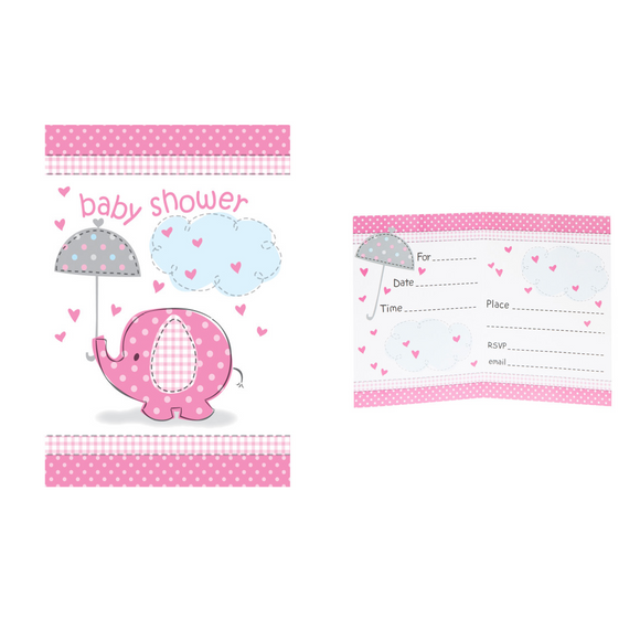 8 Umbrellaphants Pink Baby Shower Invites