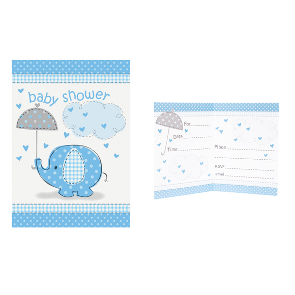 8 Umbrellaphants Blue Baby Shower Invites