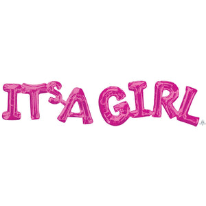 1 "IT'S A GIRL" Bright Pink Air Fill Foil Letter Balloon Banner Kit