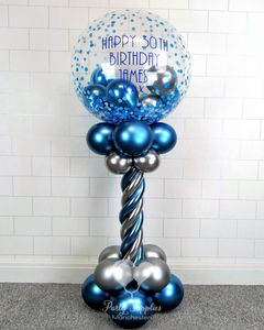 COLLECTION ONLY - Blue & Silver Twisted Tower Topped with a Blue Confetti Print Bubble filled with Balloons - Blue Message