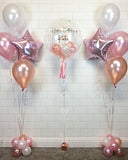 COLLECTION ONLY - Clear Bubble - Pink, Rose Gold, White Balloons - Rose Gold Confetti - Black Message + 2 Personalised Bouquets