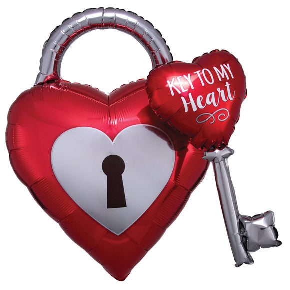 COLLECTION ONLY - Key to My Heart Super shape Foil Balloon Filled with Helium & Dressed with Ribbon & Weight