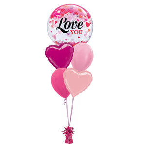 COLLECTION ONLY - Pink Love You 5 Balloon Bouquet Filled with Helium & Dressed with Ribbon & Weight