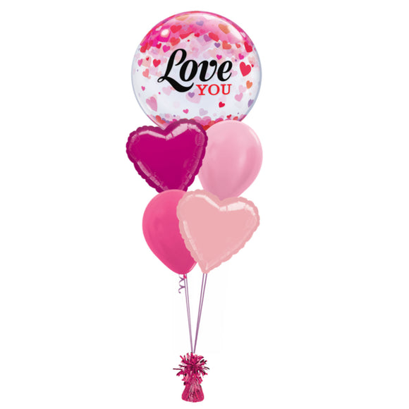 COLLECTION ONLY - Pink Love You 5 Balloon Bouquet Filled with Helium & Dressed with Ribbon & Weight