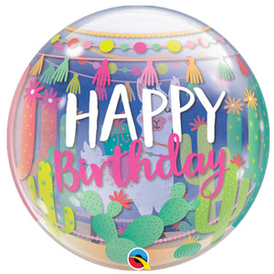COLLECTION ONLY - 1 Happy Birthday Lama Bubble Balloon 22" Filled with Helium & Dressed with a Balloon Collar, Ribbon & Weight
