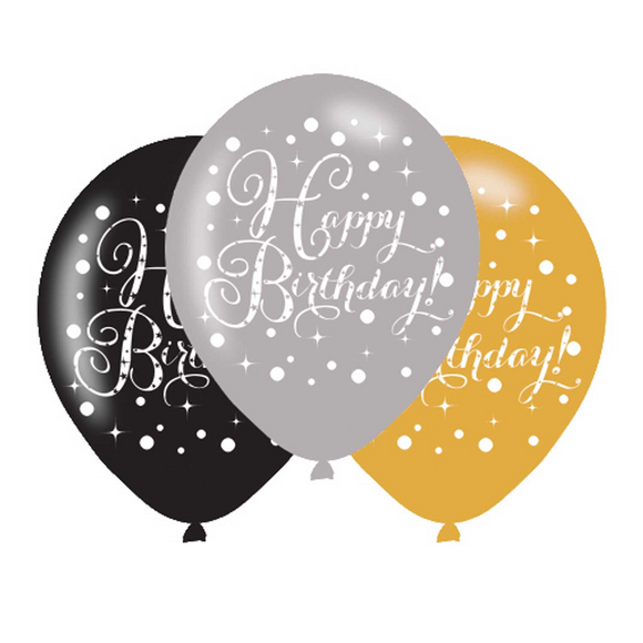 6 Latex Happy Birthday Gold Celebration Balloons