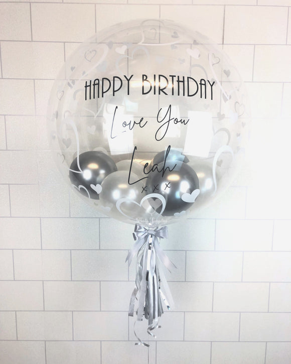 COLLECTION ONLY - Heart Bubble - 2 Shades of Silver Balloons - Black Message