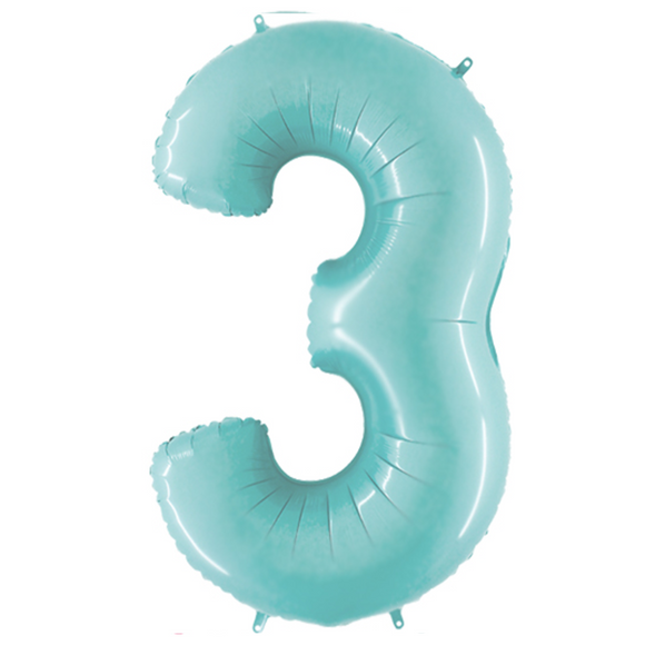 COLLECTION ONLY - Large Baby Blue Number 3 Super Shape Foil Balloon Filled with Helium & Dressed with Ribbon & Weight