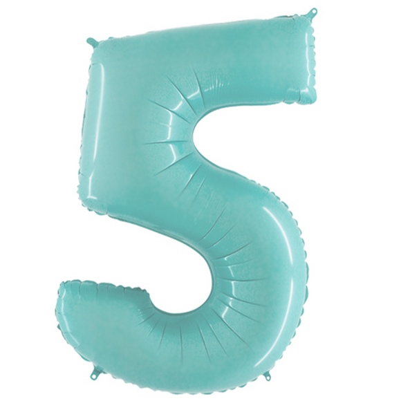 COLLECTION ONLY - Large Baby Blue Number 5 Super Shape Foil Balloon Filled with Helium & Dressed with Ribbon & Weight