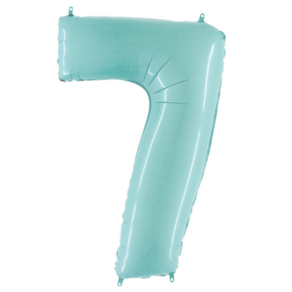 COLLECTION ONLY - Large Baby Blue Number 7 Super Shape Foil Balloon Filled with Helium & Dressed with Ribbon & Weight