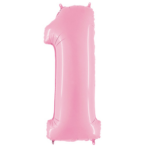 COLLECTION ONLY - Baby Pink Number 1 Super Shape Foil Balloon Filled with Helium & Dressed with Ribbon & Weight