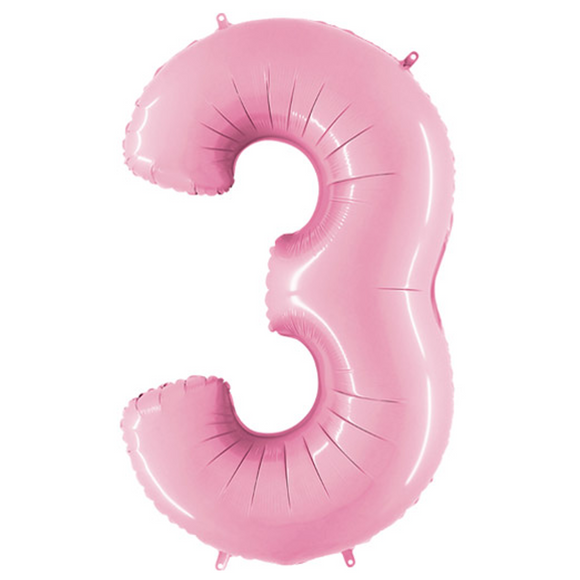 COLLECTION ONLY - Baby Pink Number 3 Super Shape Foil Balloon Filled with Helium & Dressed with Ribbon & Weight