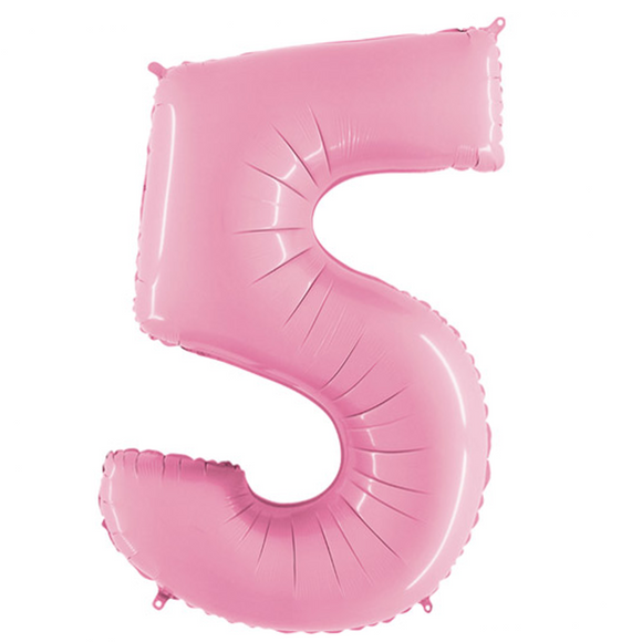 COLLECTION ONLY - Baby Pink Number 5 Super Shape Foil Balloon Filled with Helium & Dressed with Ribbon & Weight