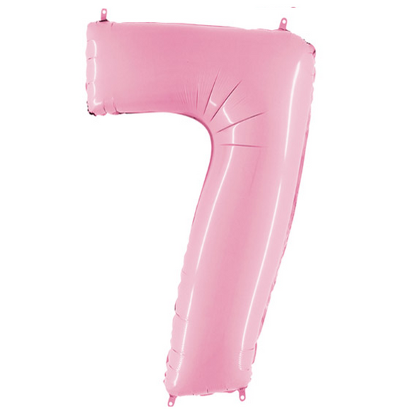 COLLECTION ONLY - Baby Pink Number 7 Super Shape Foil Balloon Filled with Helium & Dressed with Ribbon & Weight