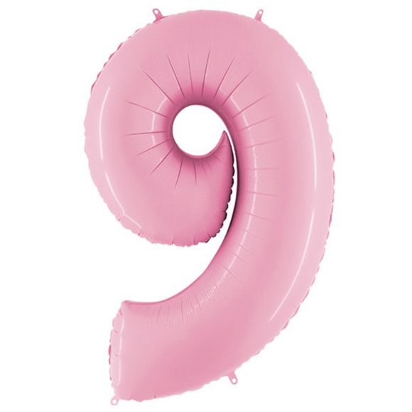 COLLECTION ONLY - Baby Pink Number 9 Super Shape Foil Balloon Filled with Helium & Dressed with Ribbon & Weight