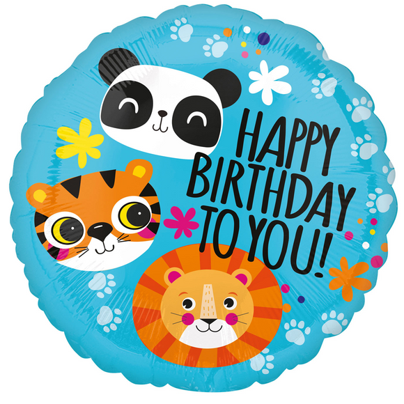 COLLECTION ONLY - 1 Lion, Tiger & Panda Happy Birthday To You Standard Foil Balloon Filled with Helium & Dressed with Ribbon & Weight